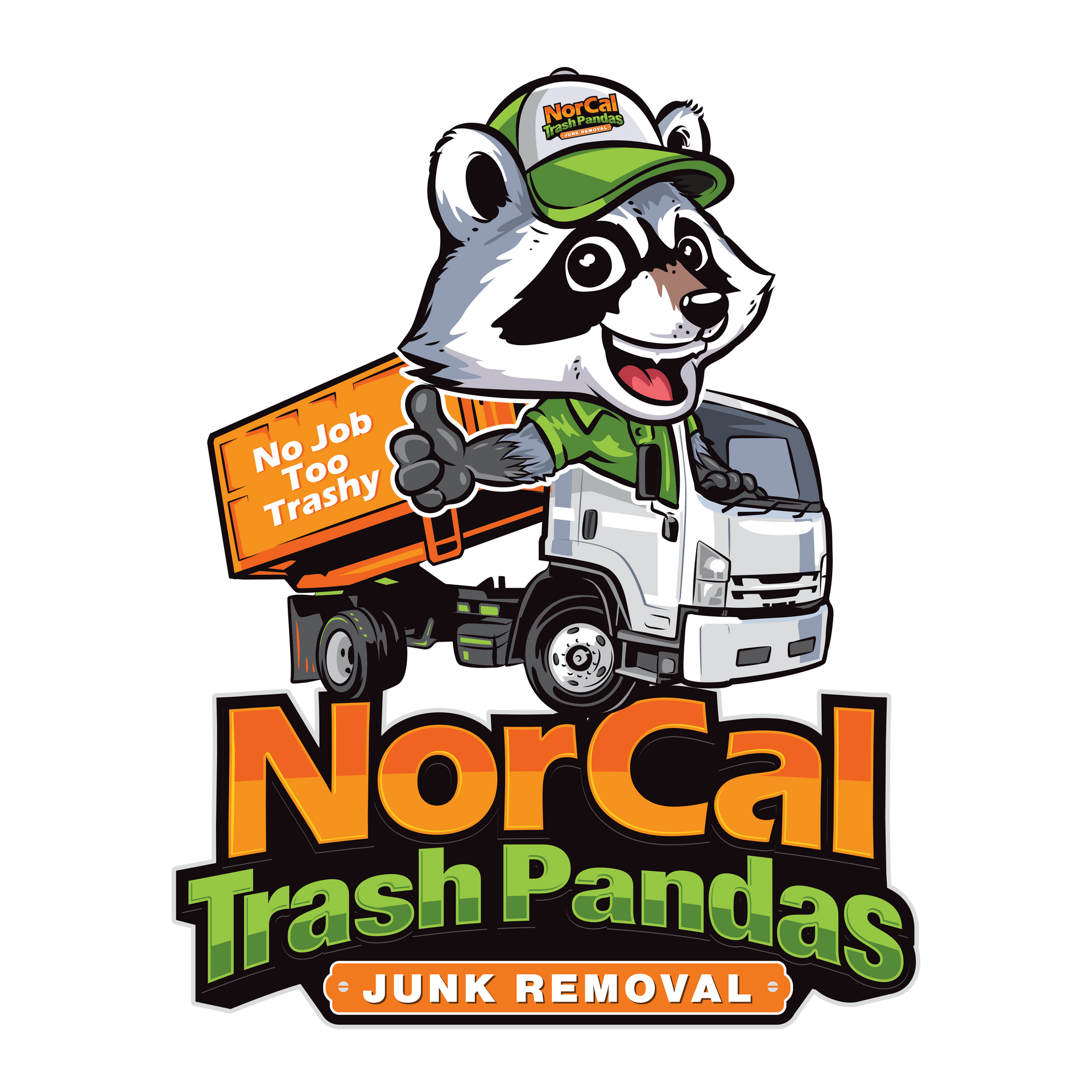 A raccoon is driving a trash truck and giving a thumbs up.