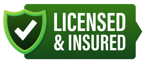 A green sign that says licensed and insured with a check mark on it.