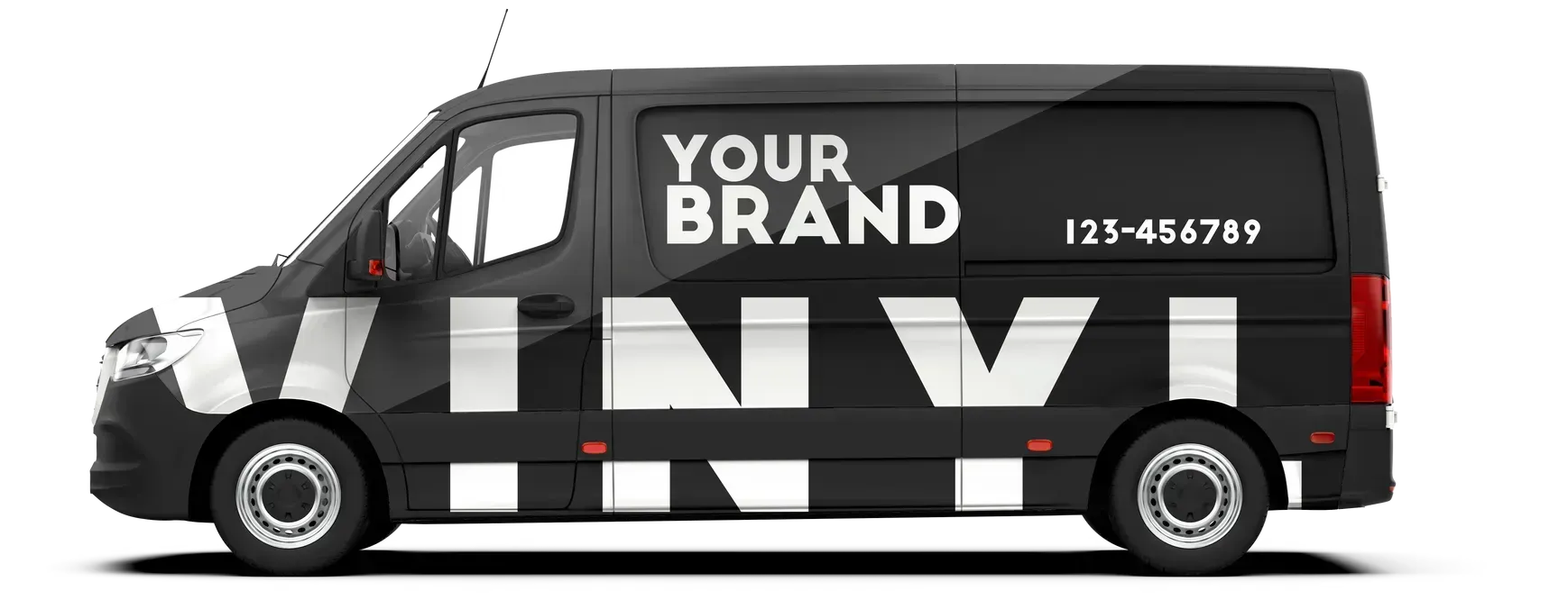 Commercial van with vinyl wrap displaying custom branding and graphics.