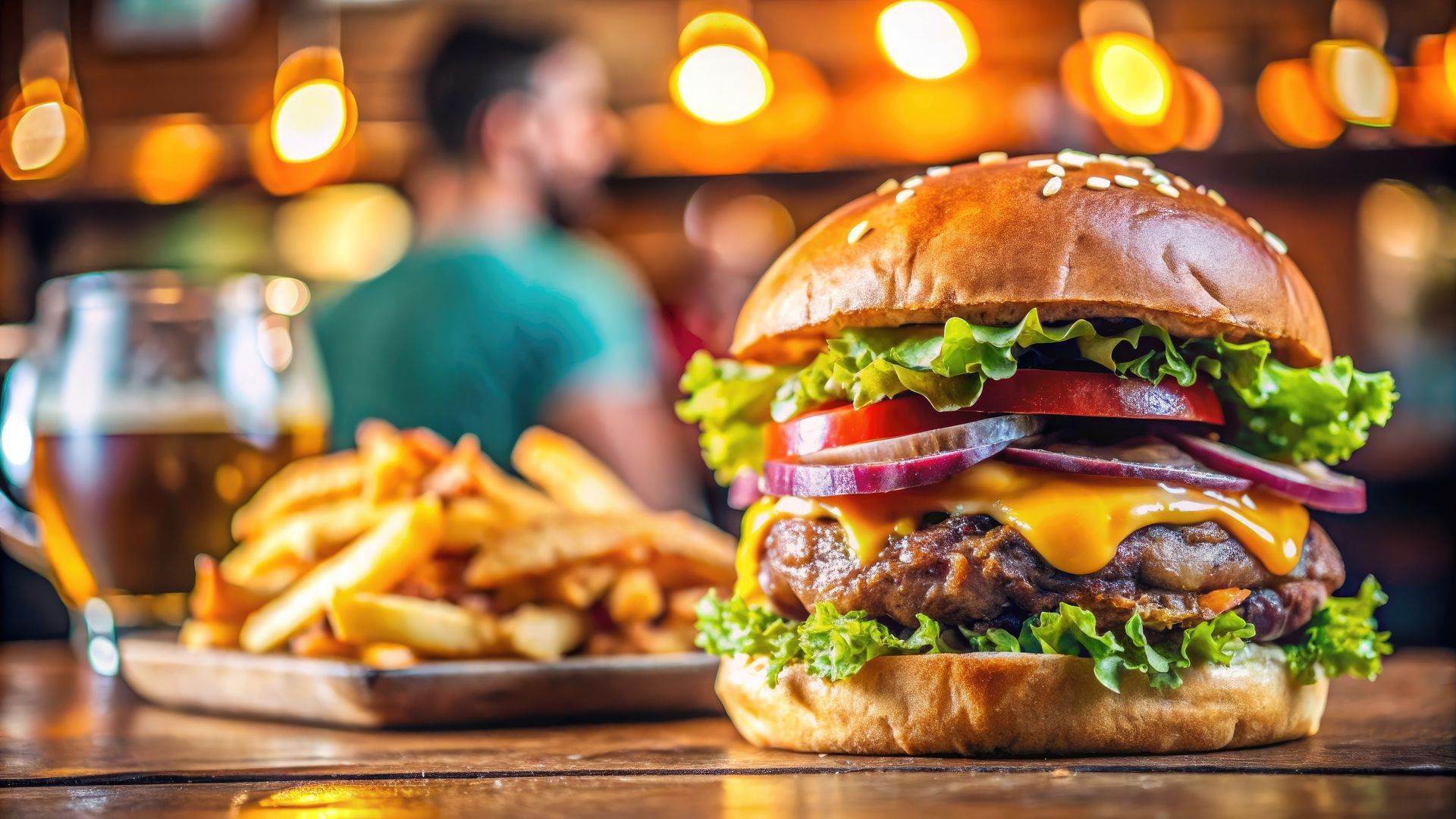 Burger with fries and beer in a restaurant, a customer is blurred in the background.