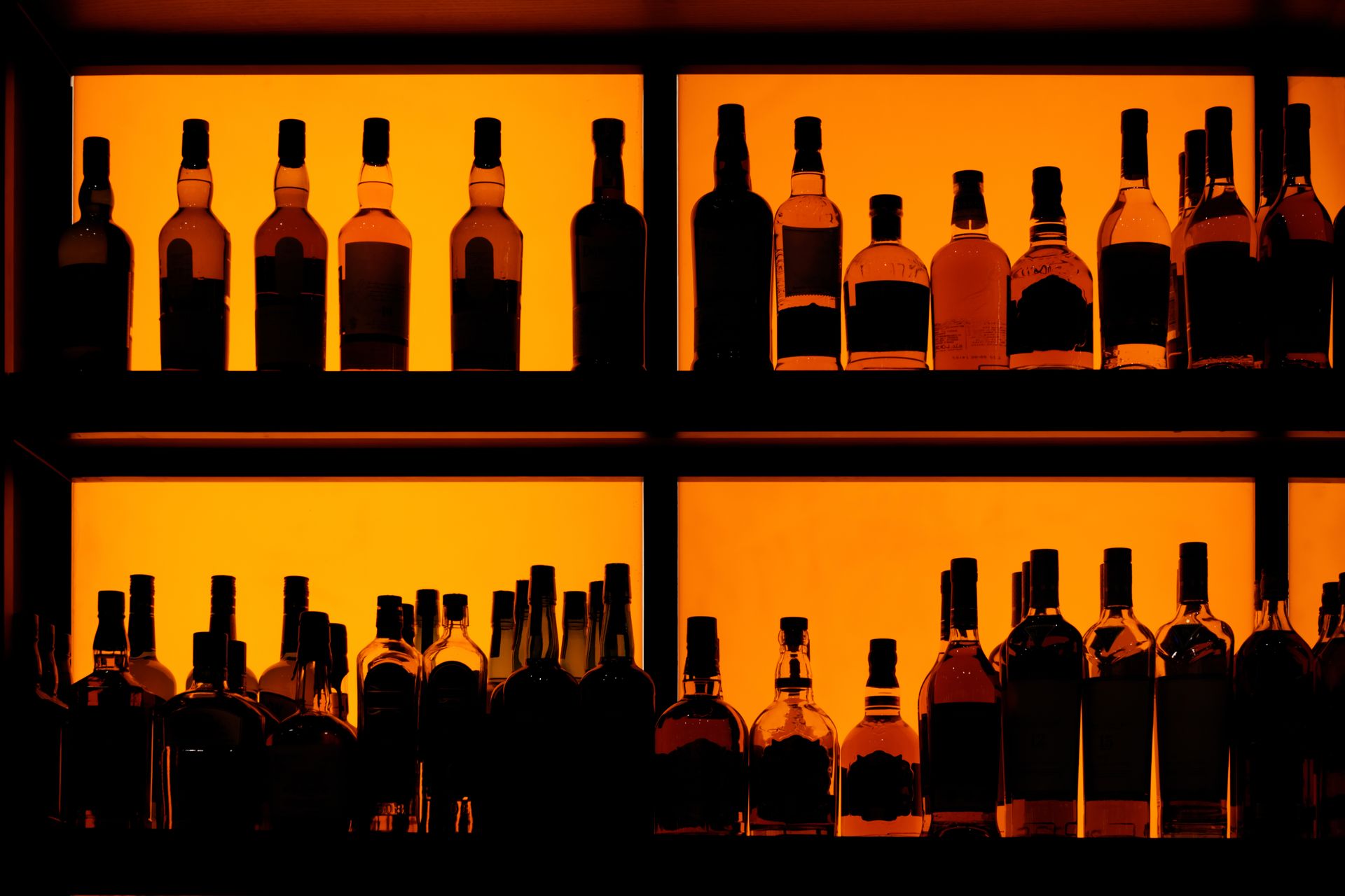 Silhouetted liquor bottles on a backlit shelf, in front of an orange glow.