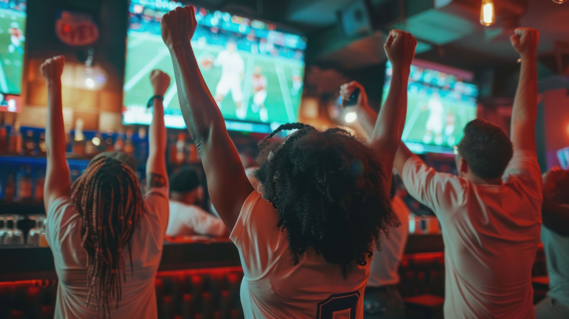 People cheering in a bar, watching a football game on multiple screens, arms raised in celebration.