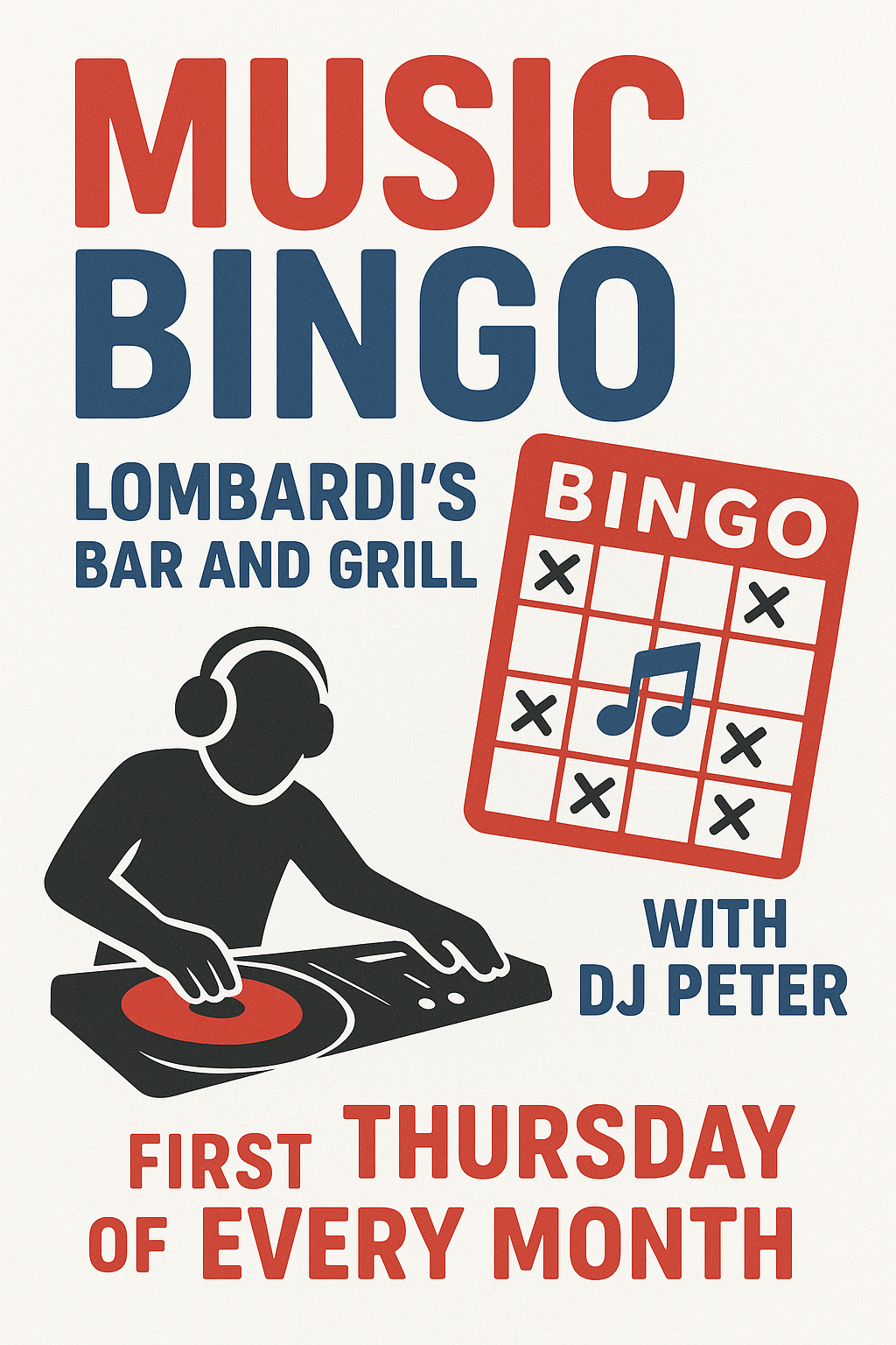 Poster for Music Bingo at Lombardi's Bar and Grill with DJ Peter. It's held the first Thursday of every month.