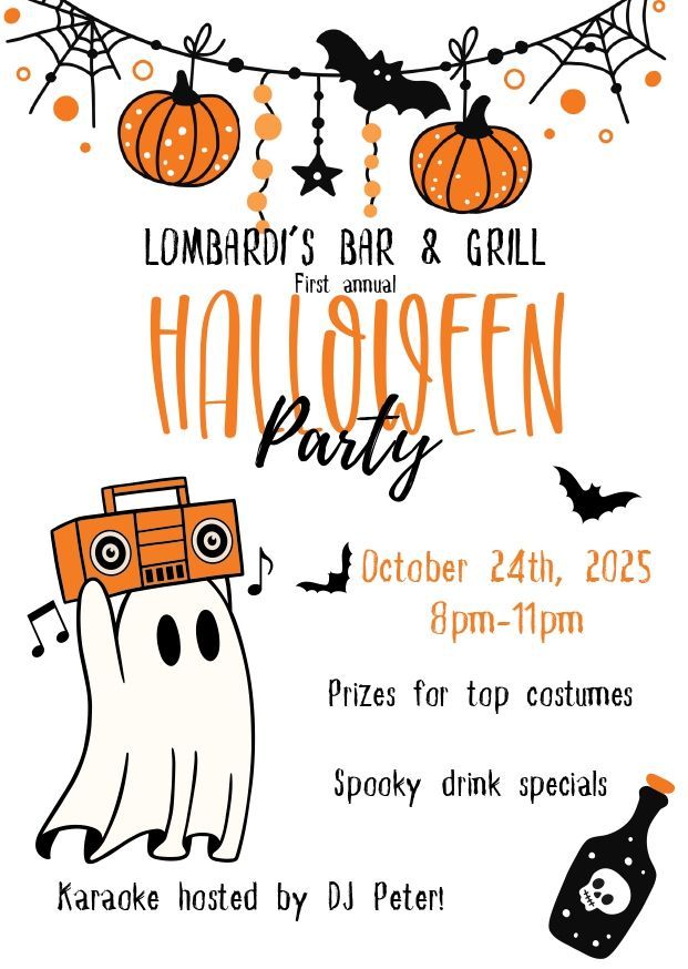 Halloween party flyer for Lombardi's Bar & Grill, with pumpkins, a ghost, bats, and karaoke on October 24, 2025.
