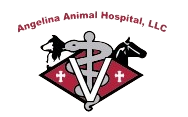 Logo for Angelina Animal Hospital, LLC. Features a Caduceus, a dog, and a horse. Maroon and silver color scheme.