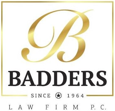 Logo for Badders Law Firm, gold letter B, black text: 