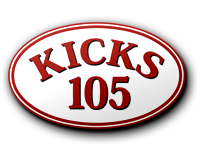 Logo for radio station KICKS 105 in white oval with red border and text.