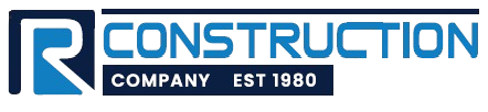 Logo for R Construction Company, in shades of blue and white, with 