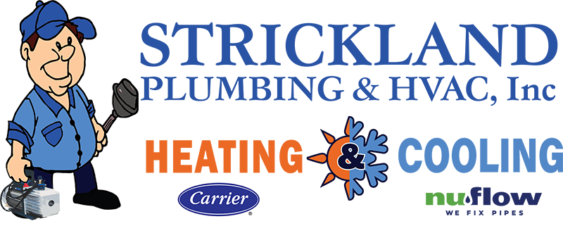 Logo for Strickland Plumbing & HVAC, Inc., with cartoon plumber holding tools, text 