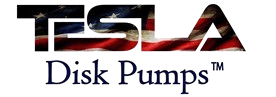 Logo for Tesla Disk Pumps with the US flag in the letters.