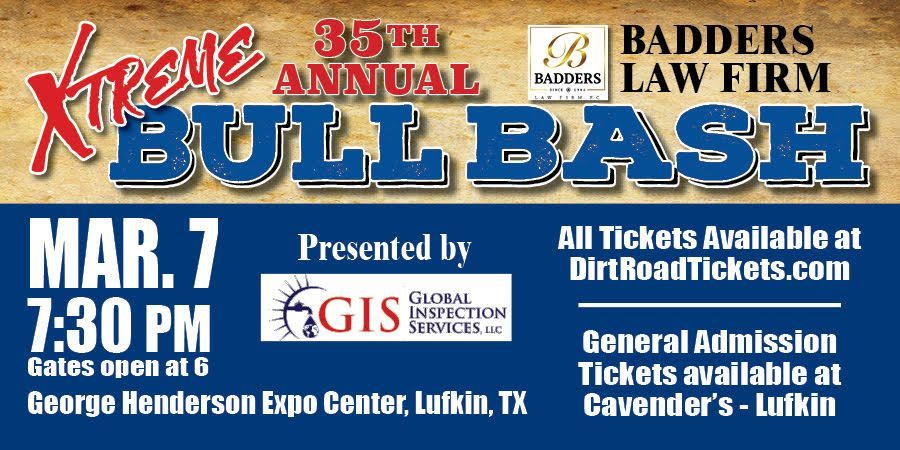 Poster for the 35th Annual Bull Bash event on March 7th at the George Henderson Expo Center in Lufkin, TX.