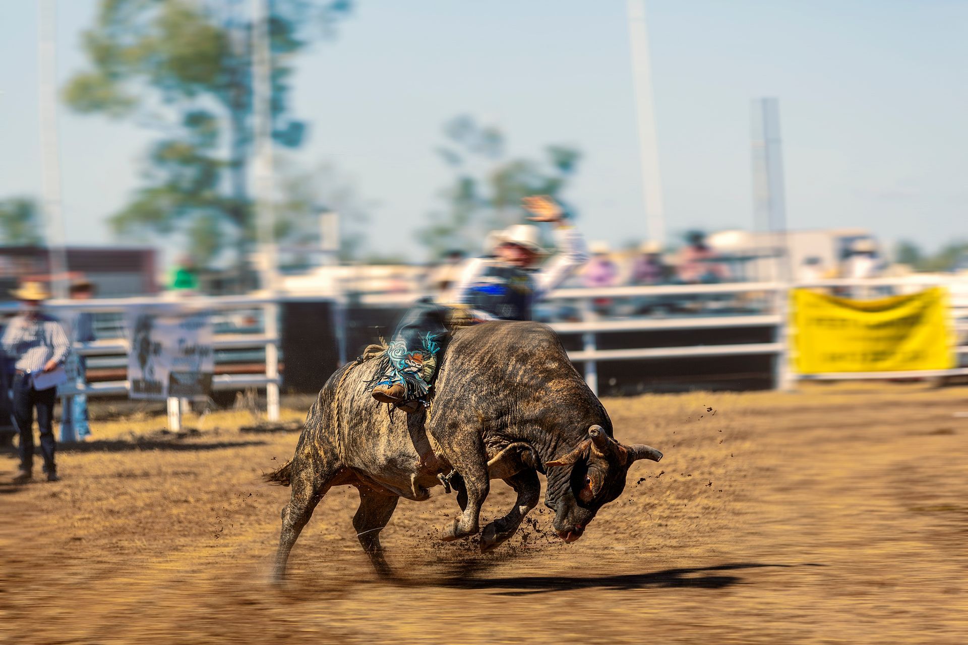 Bull rider atop a bucking bull at a rodeo; brown dirt, blue sky.