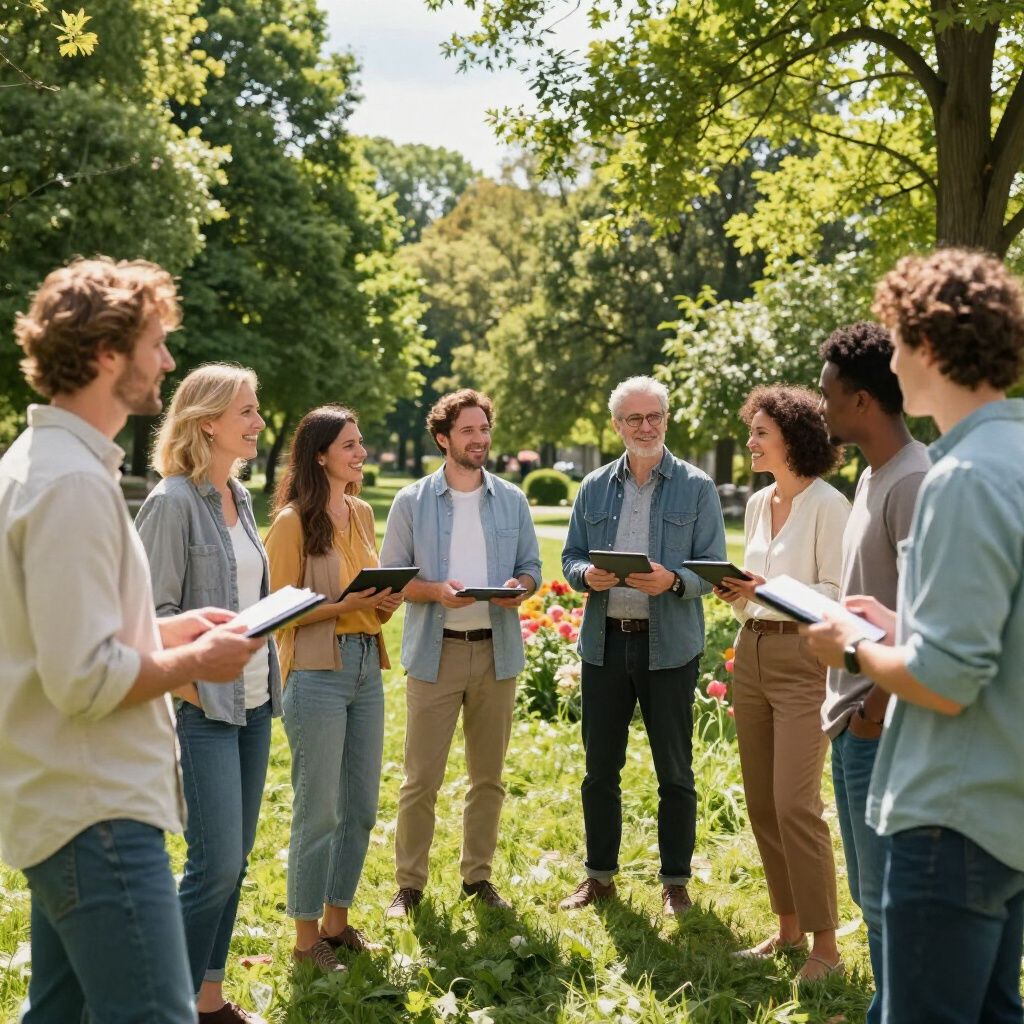 Group of people standing in a circle in a park, holding tablets, appearing to be engaged in a discussion.