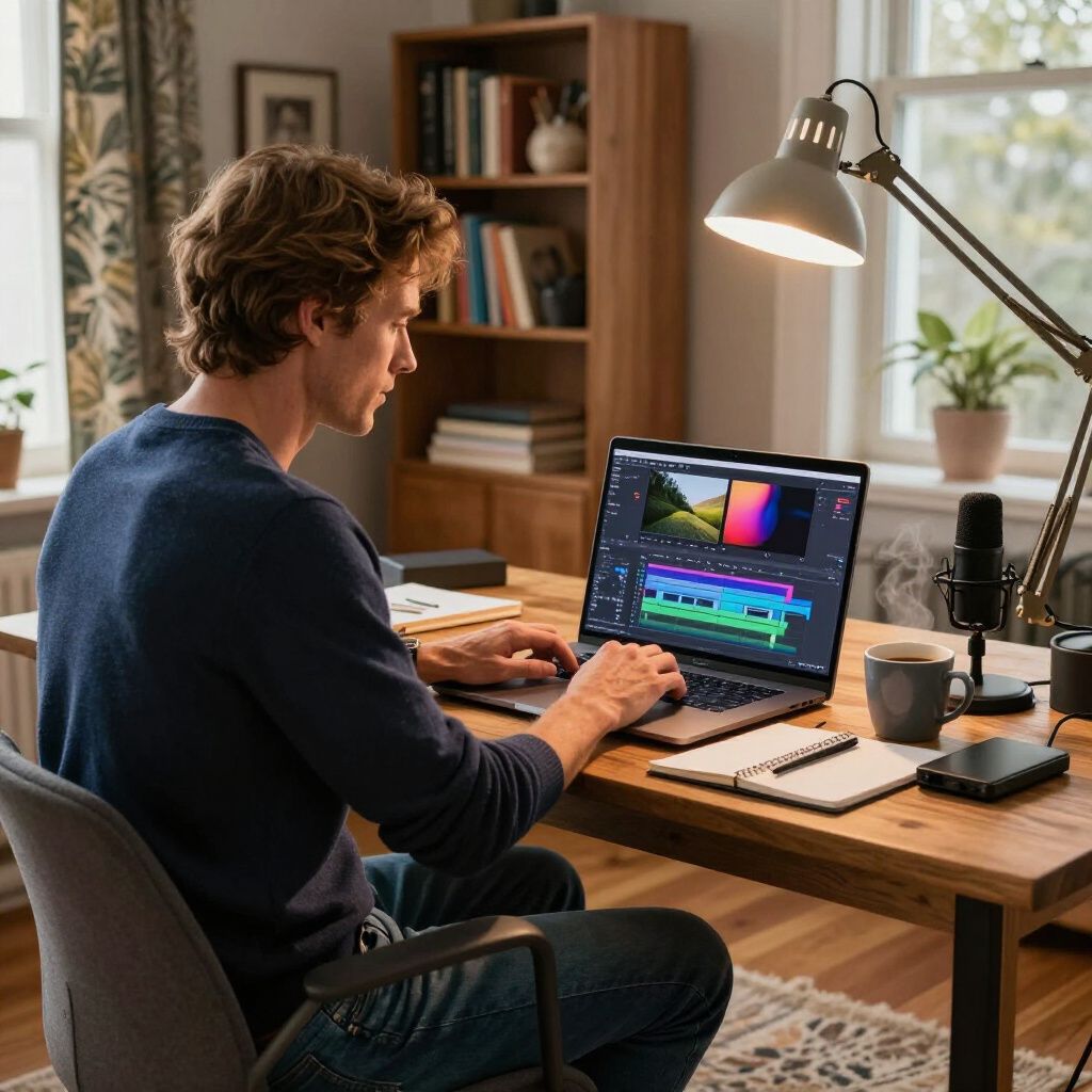 Man editing video on laptop at wooden desk with microphone and lamp.