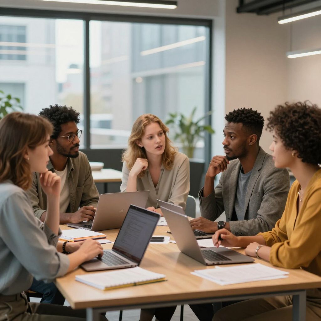 People at a table with laptops, in a modern office, talking and working together.