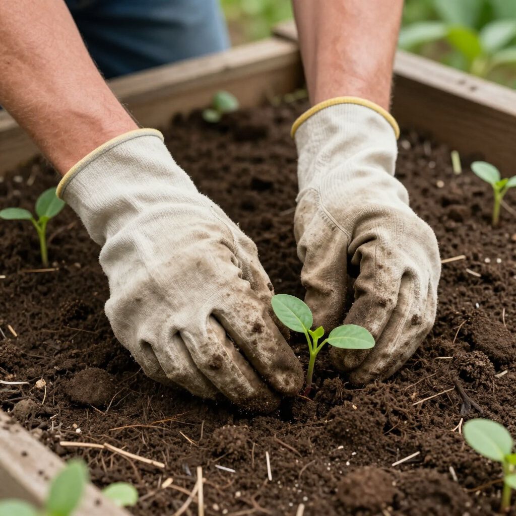 Person planting a seedling in a raised garden bed, wearing gloves.