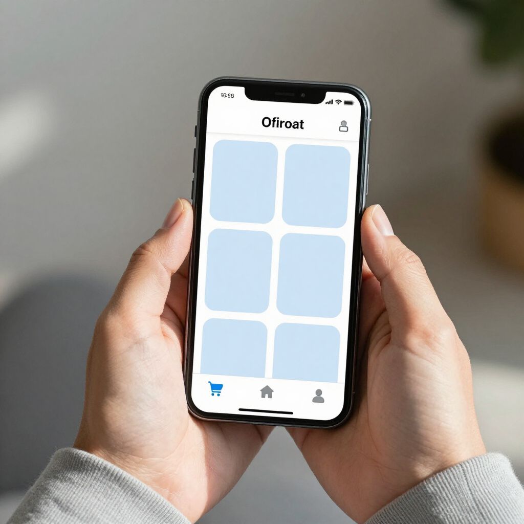 Hands holding a phone displaying a shopping app interface with six product placeholders.