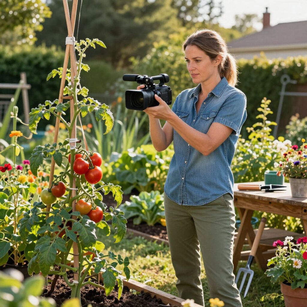 Woman filming tomatoes in a garden with a video camera. She wears denim and green pants. Sunny outdoor setting.