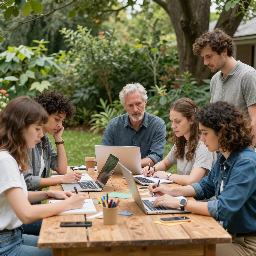 Group of people working around a wooden table in a garden, using laptops and writing.