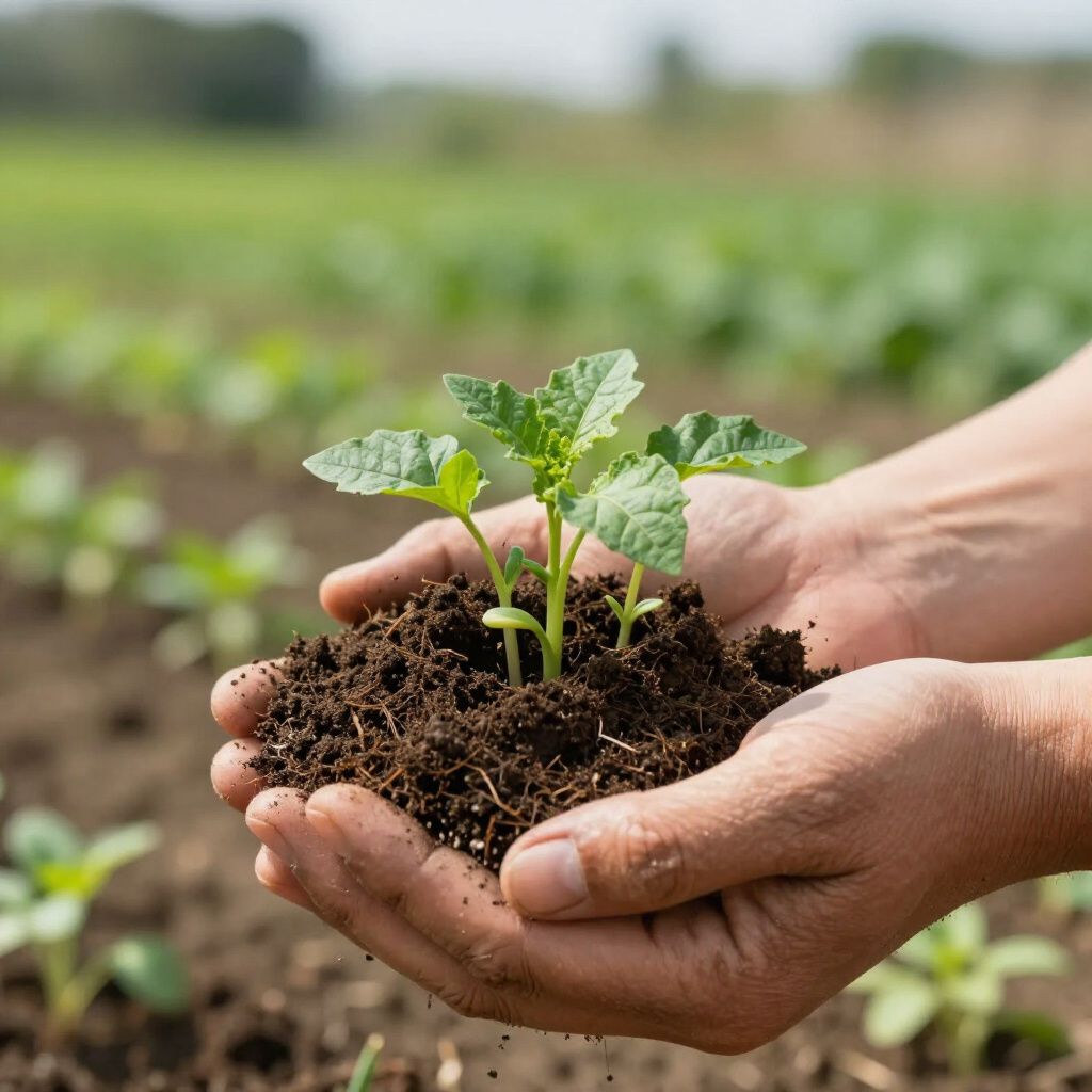 Hands holding soil with a small green plant in a field.