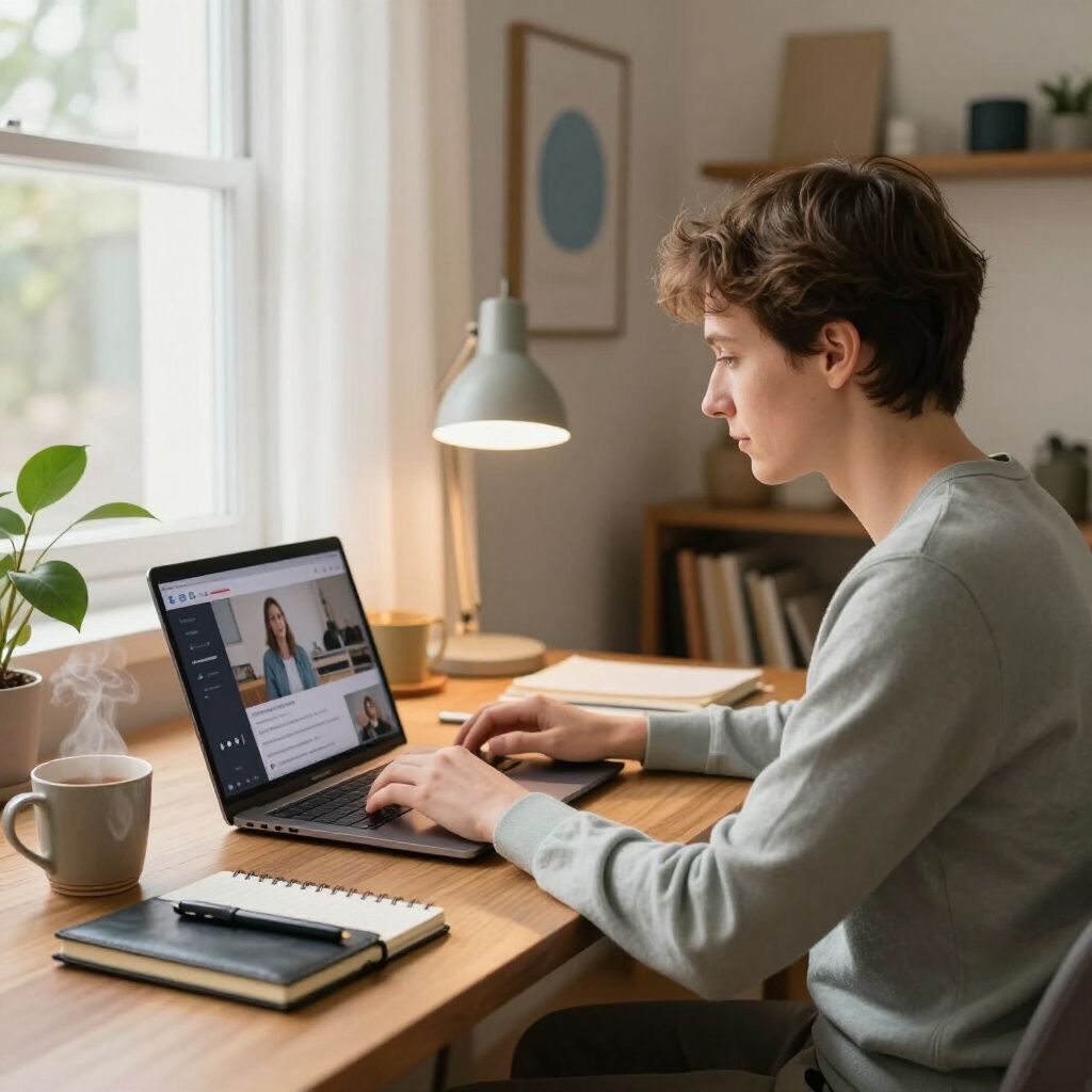 Person at desk, attending online meeting on laptop.