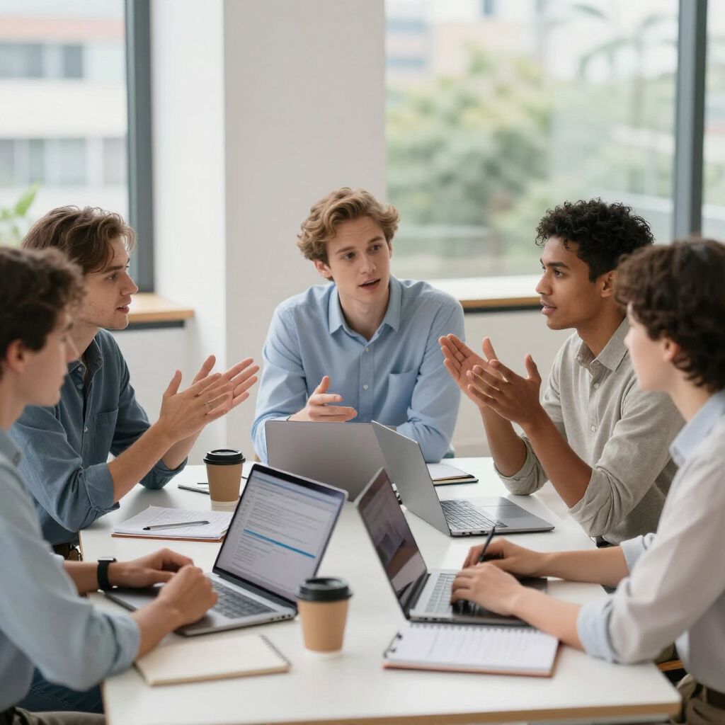 Five people in shirts around a table with laptops, gesturing and talking, discussing.
