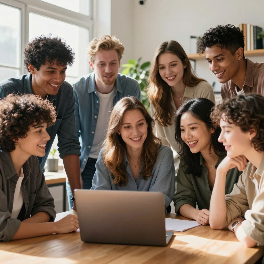 Group of people smiling, looking at a laptop together at a wooden table in a bright room.