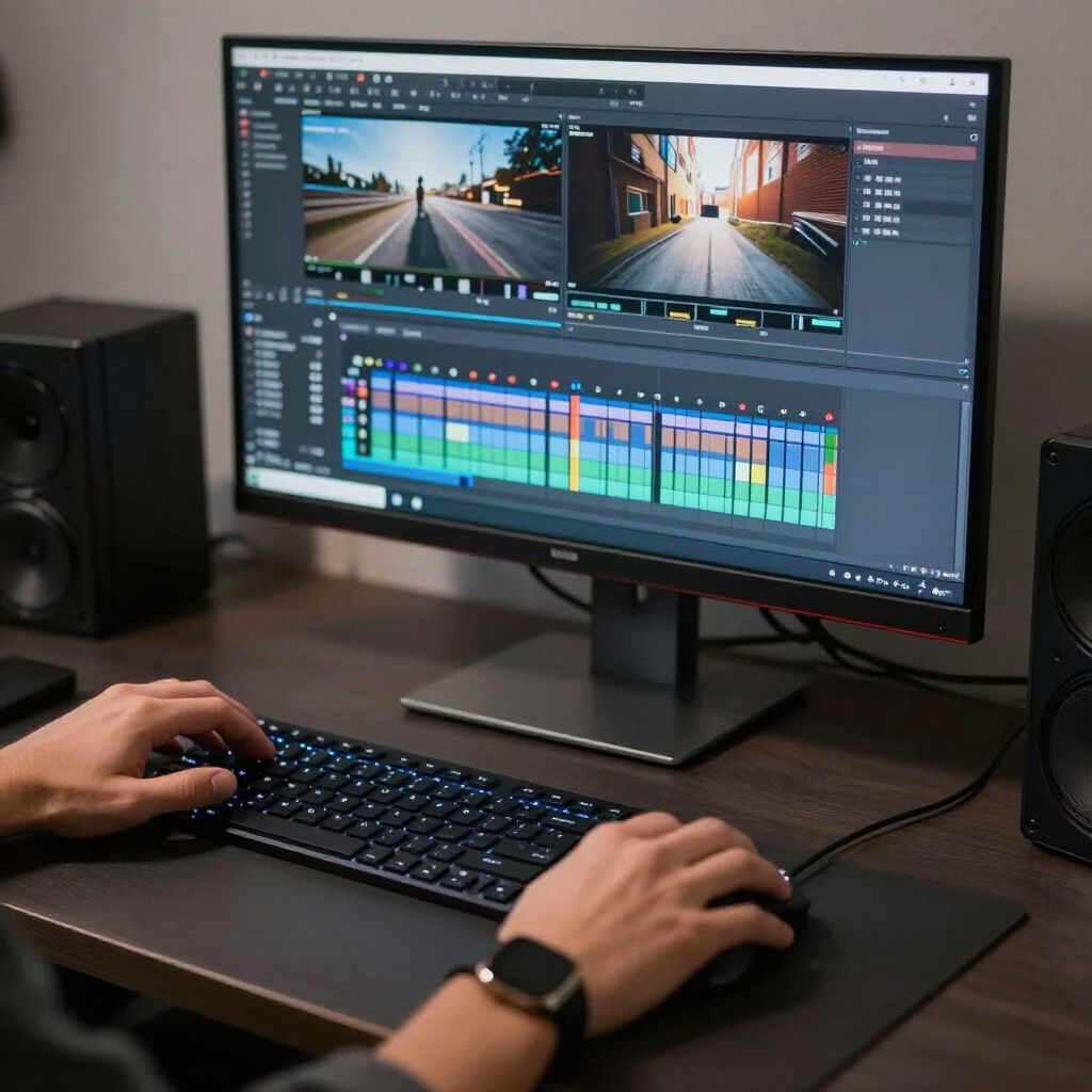 Person edits video on a computer with two speakers. Hands on keyboard and mouse.