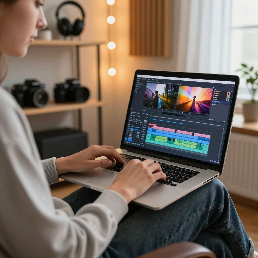 Woman editing video on laptop, sitting in a room with cameras and headphones on a shelf.