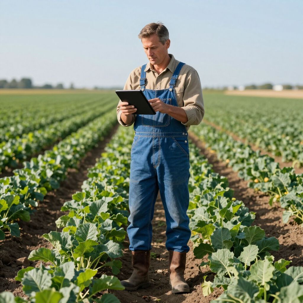 Farmer in denim overalls uses a tablet in a field of crops.
