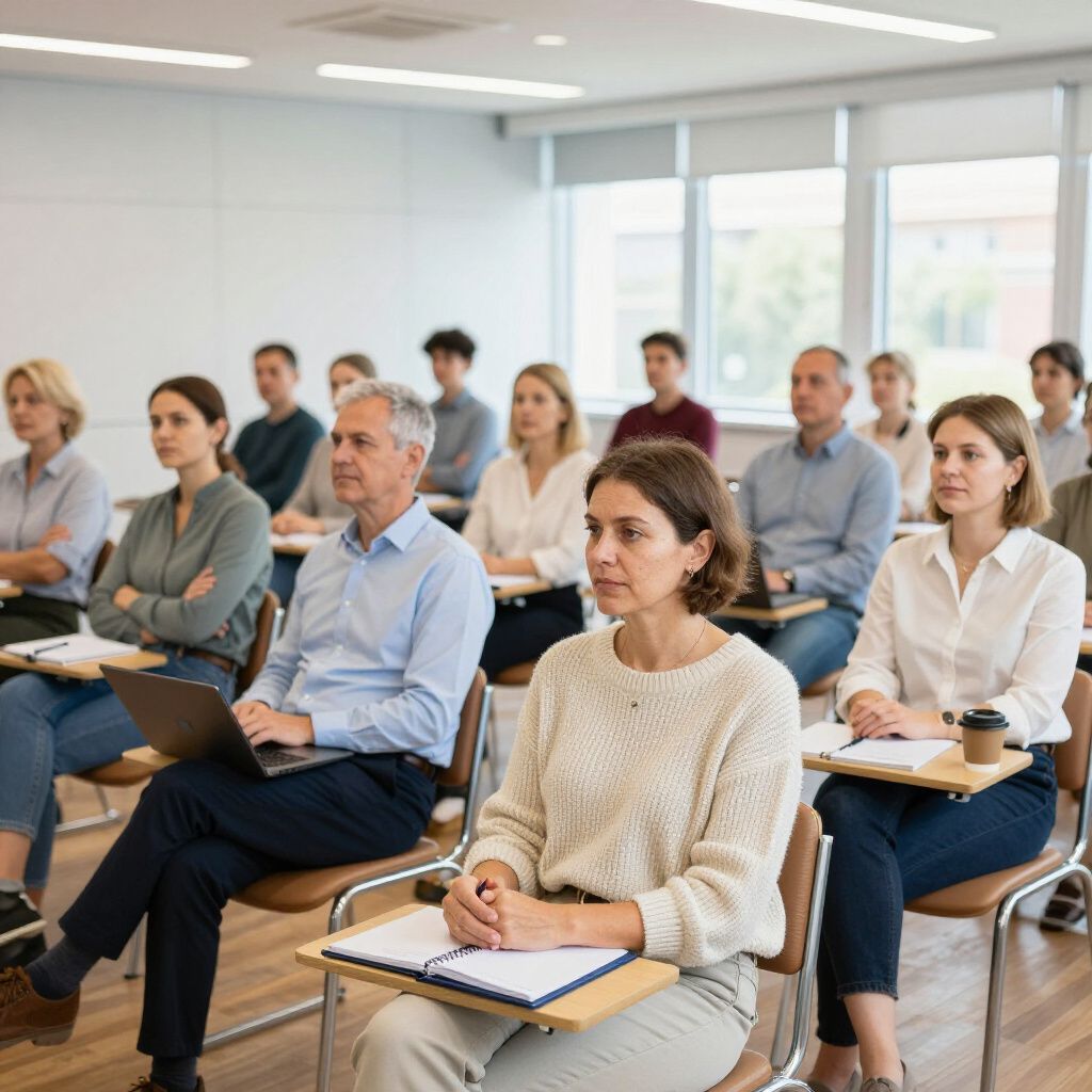 People seated at desks in a classroom, attentively listening.