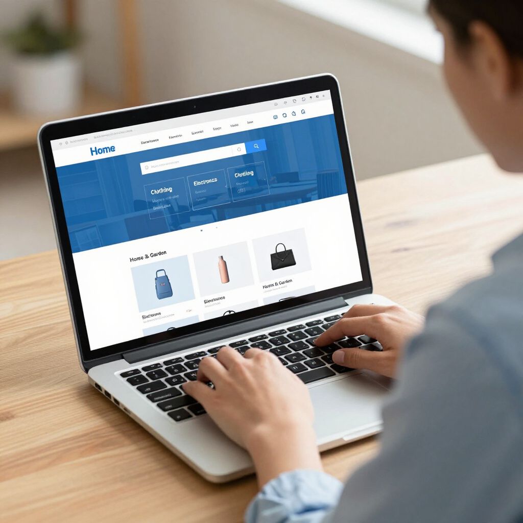 Person using laptop, shopping on website for travel gear.