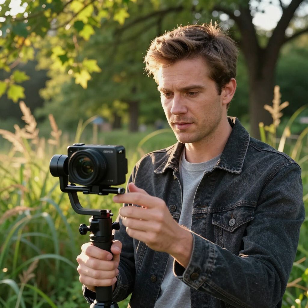 Man adjusting a camera mounted on a gimbal outdoors, surrounded by greenery.