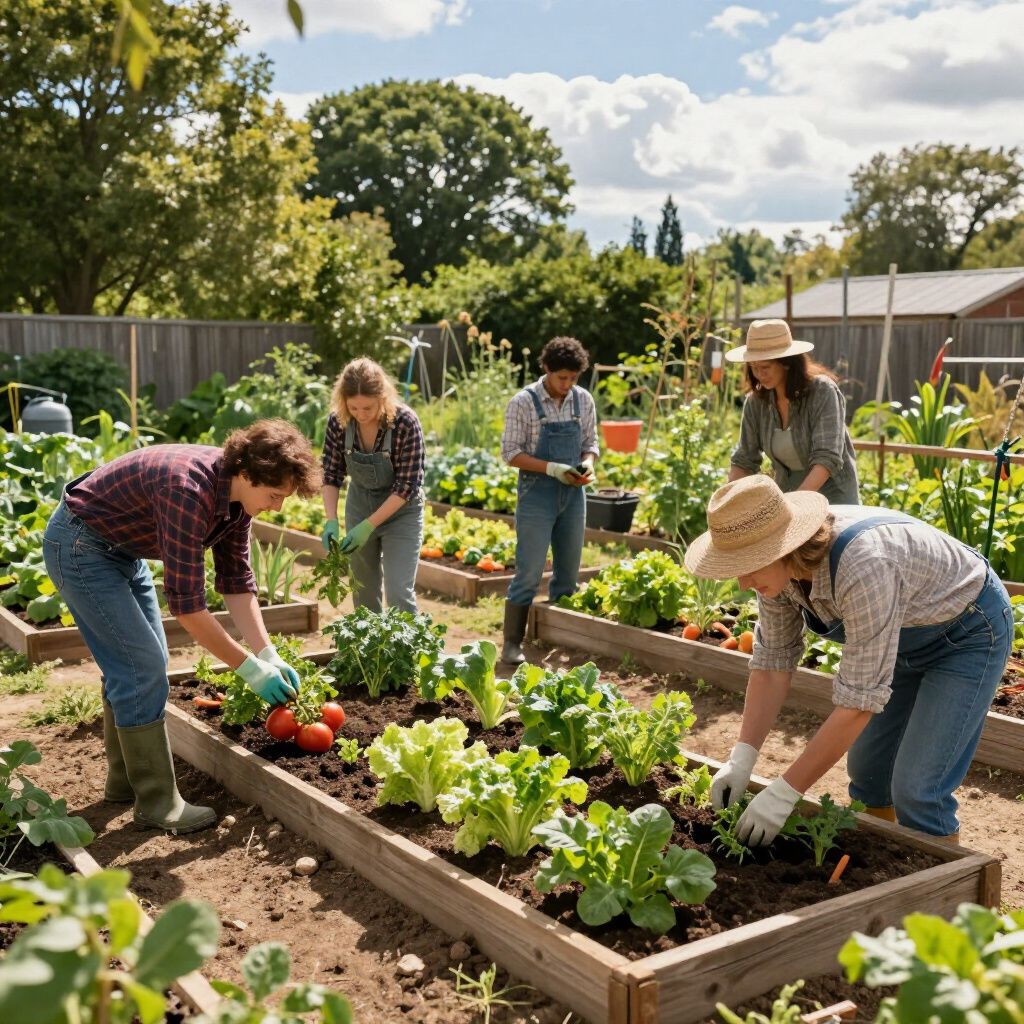People gardening in raised beds on a sunny day. Vegetables grow.