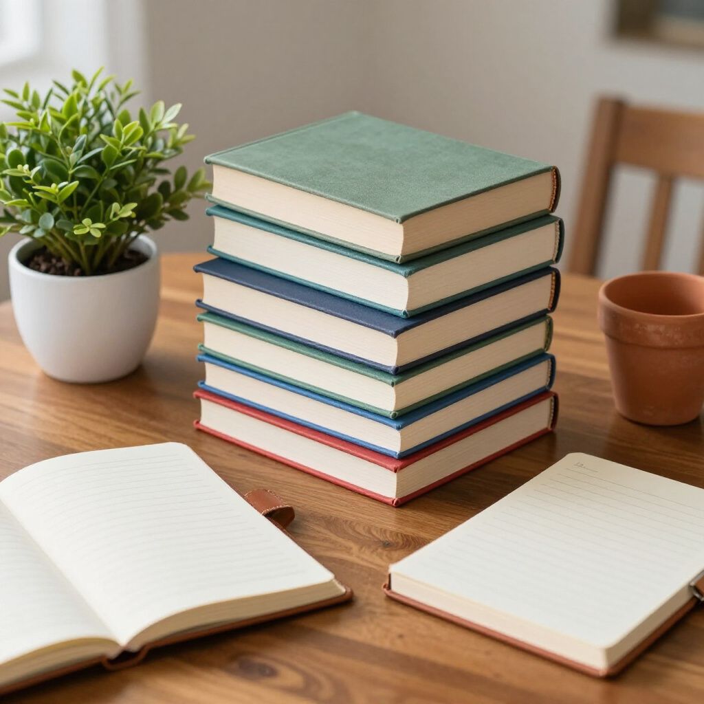 Stack of books on table with open notebooks and potted plant.