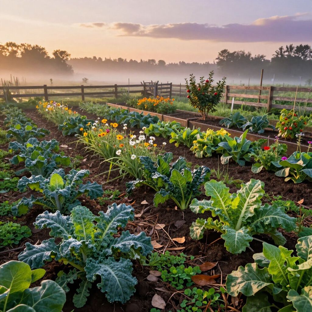 Vegetable garden with rows of plants in sunlight. Wooden fence and trees in background.