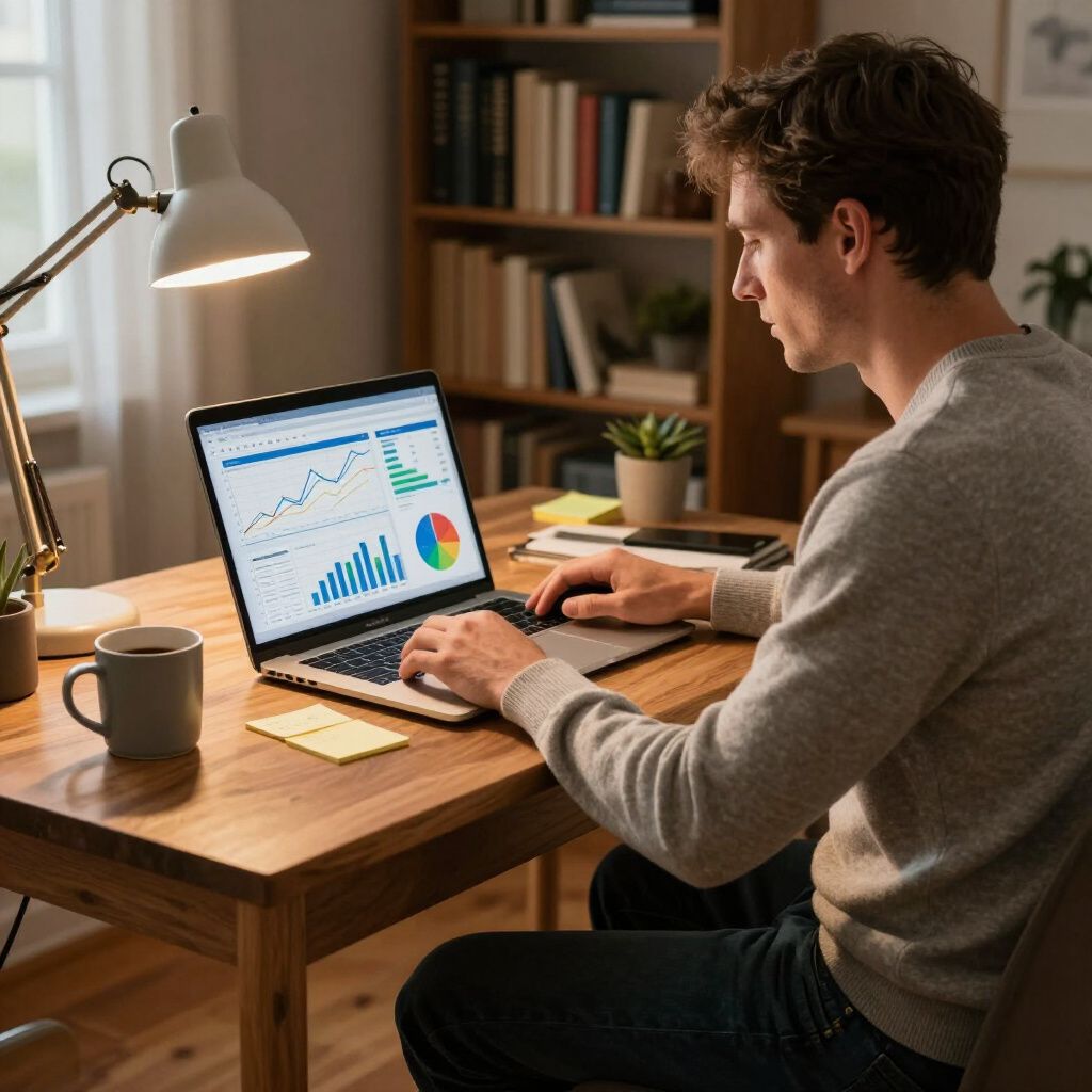 Man working on laptop at desk, displaying financial charts, with lamp and coffee cup.