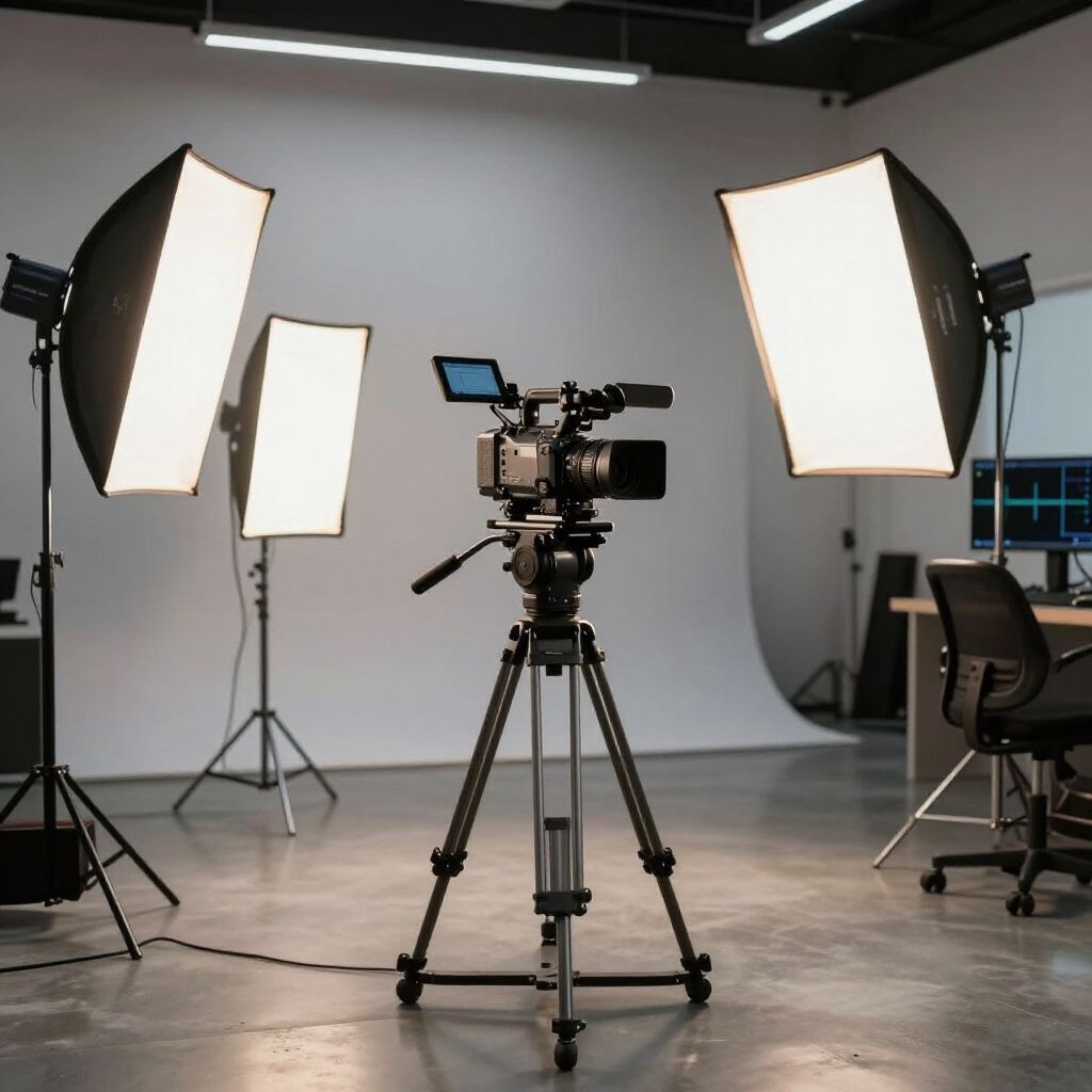 Video camera on a tripod in a studio, surrounded by three softbox lights, against a white backdrop.