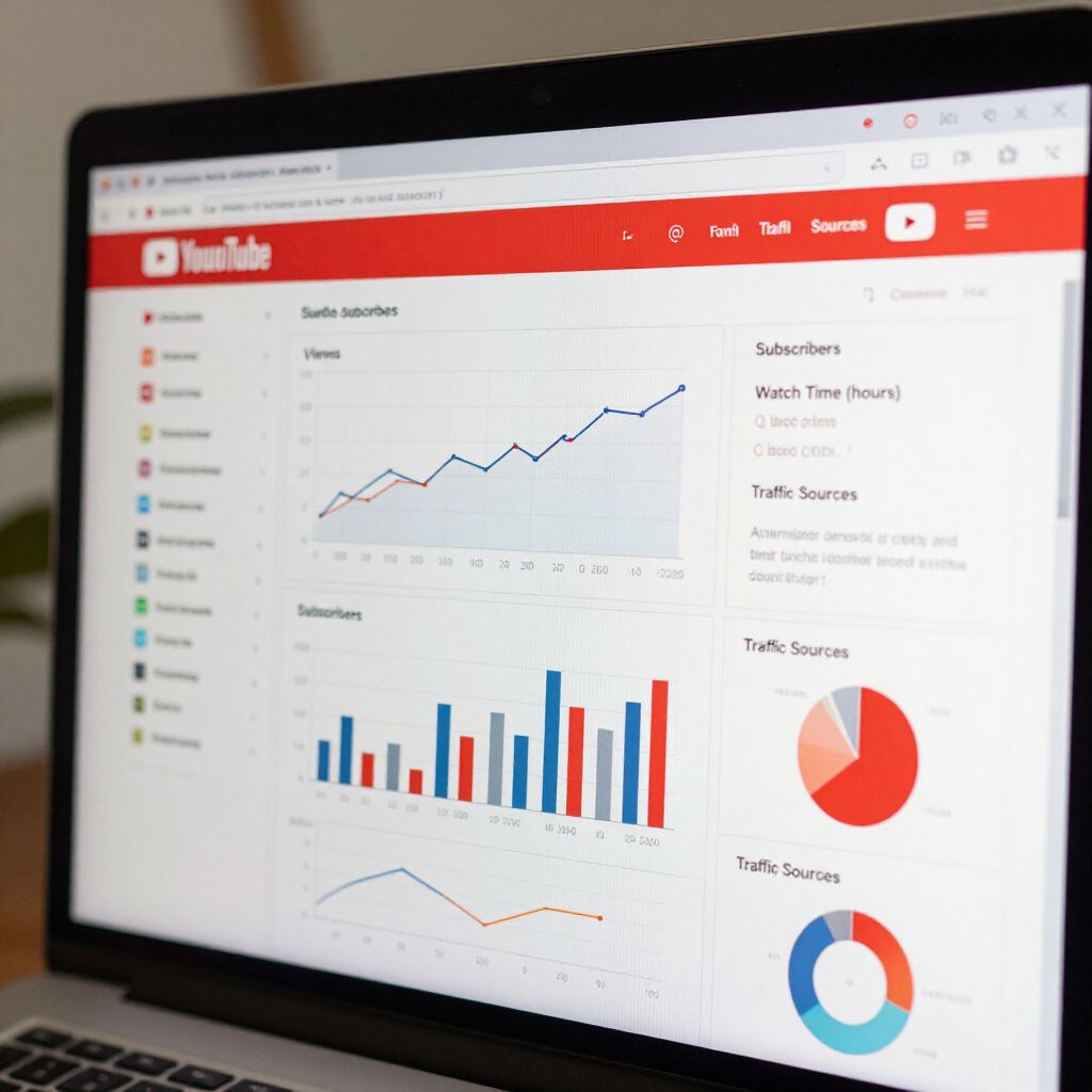 Laptop screen displaying YouTube analytics, with graphs showing subscriber and traffic data.