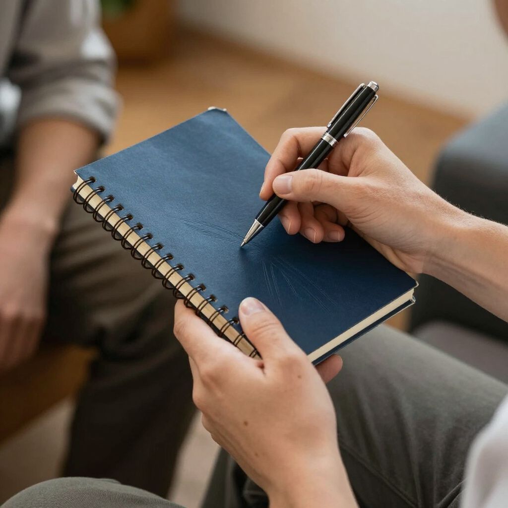 Person writing with a pen in a blue spiral-bound notebook, possibly in a counseling session.