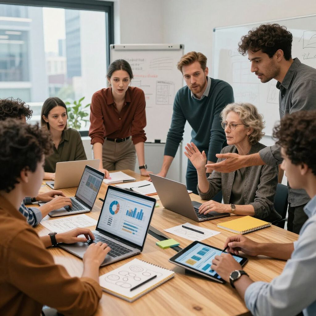 Group of people in a meeting around a table, looking at laptops and charts.