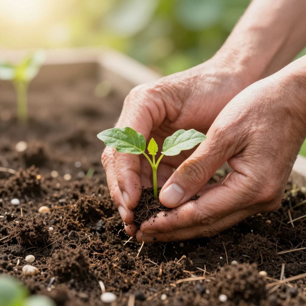Hands planting a small green seedling in dark soil.