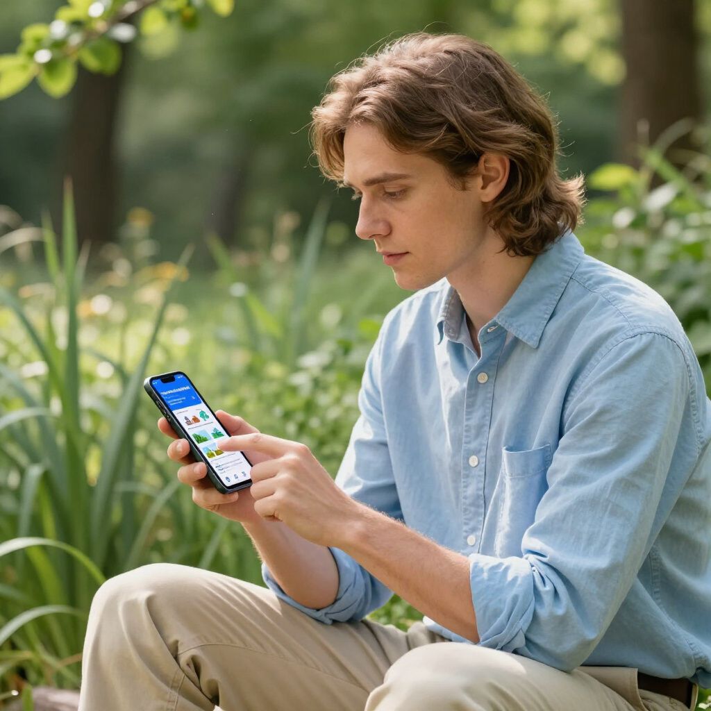 Man outdoors looking at phone; blue shirt, tan pants, nature background.