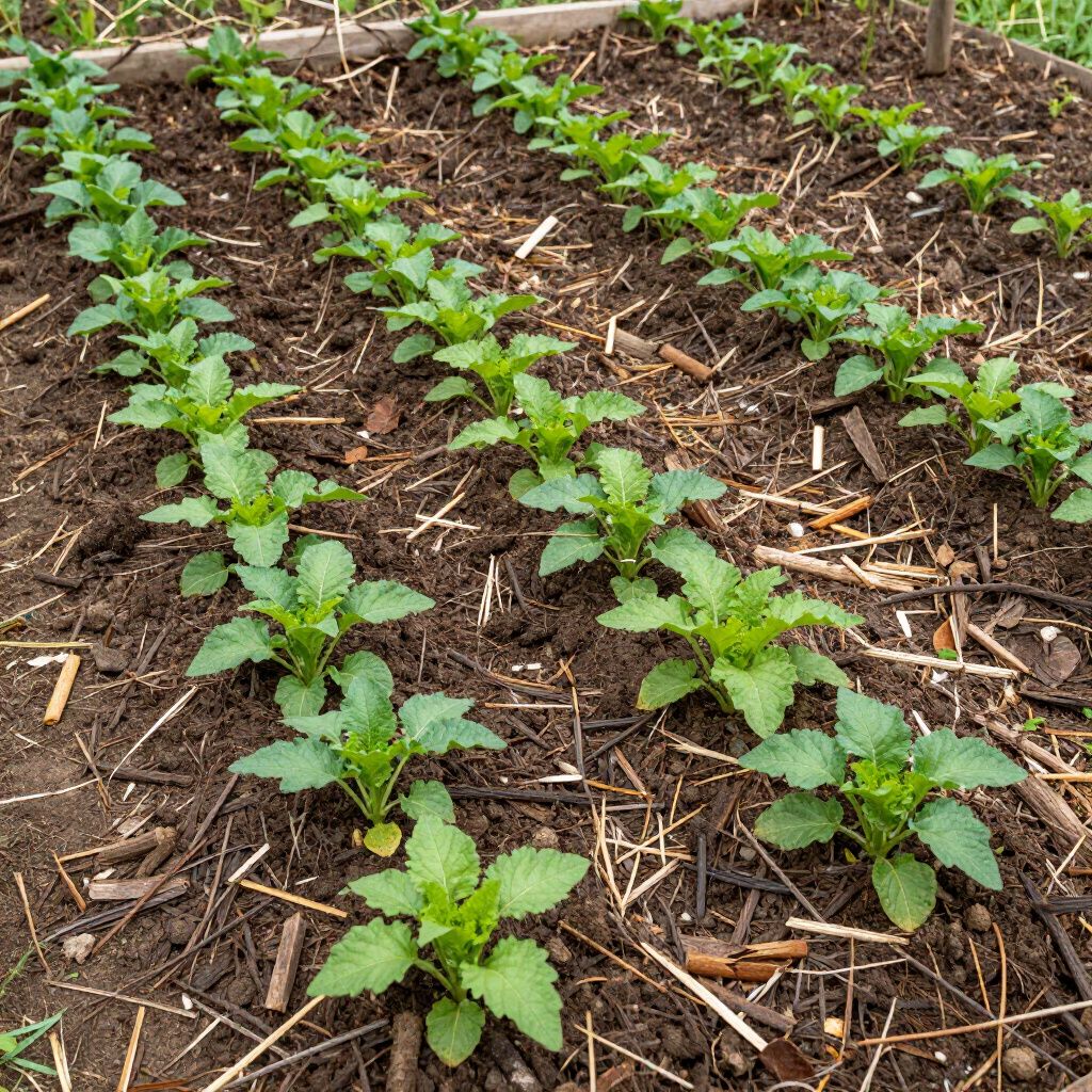 Rows of young green plants growing in a mulched garden bed.