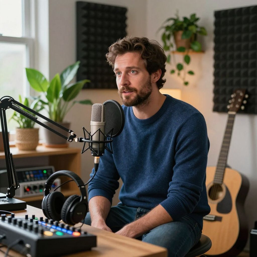 Man with beard sits in recording studio, speaking into microphone. Acoustic guitar visible.