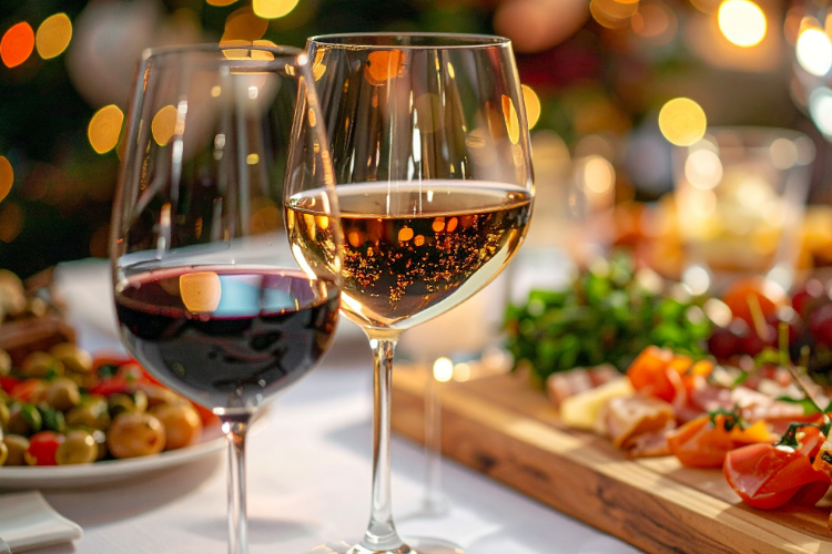 Two wine glasses, one red, one white, near a platter of appetizers in a festive setting.