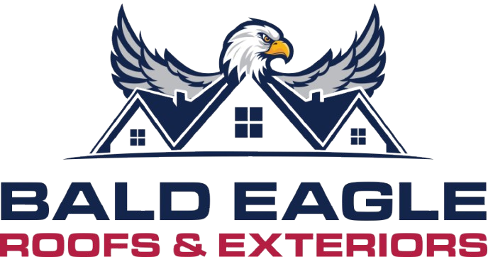Logo: Bald Eagle above house silhouettes; navy and red text, 