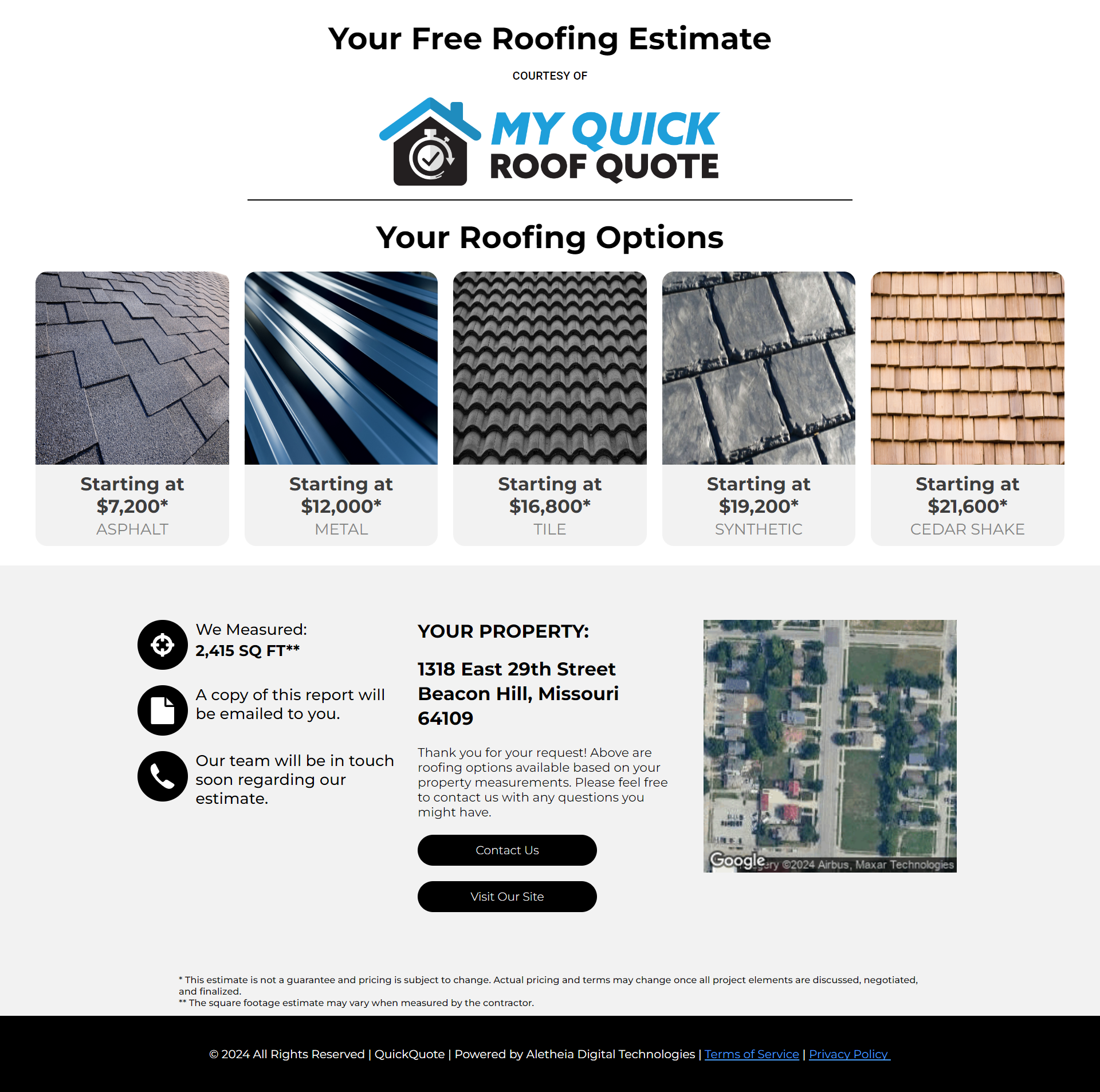 Sample Estimate Report from My Quick Roof Quote