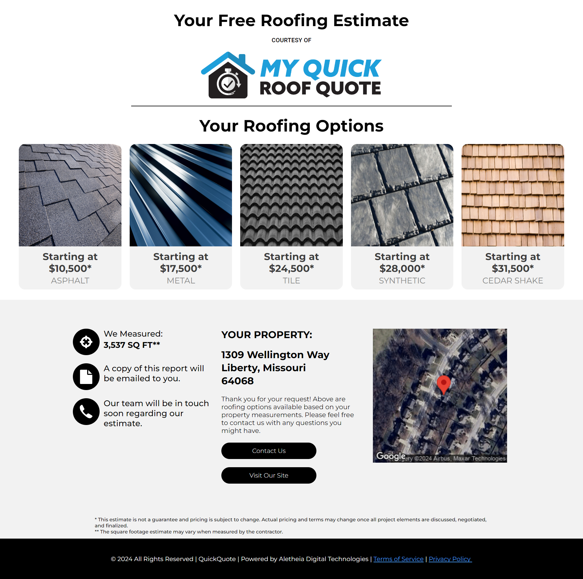 Sample Estimate Report from My Quick Roof Quote