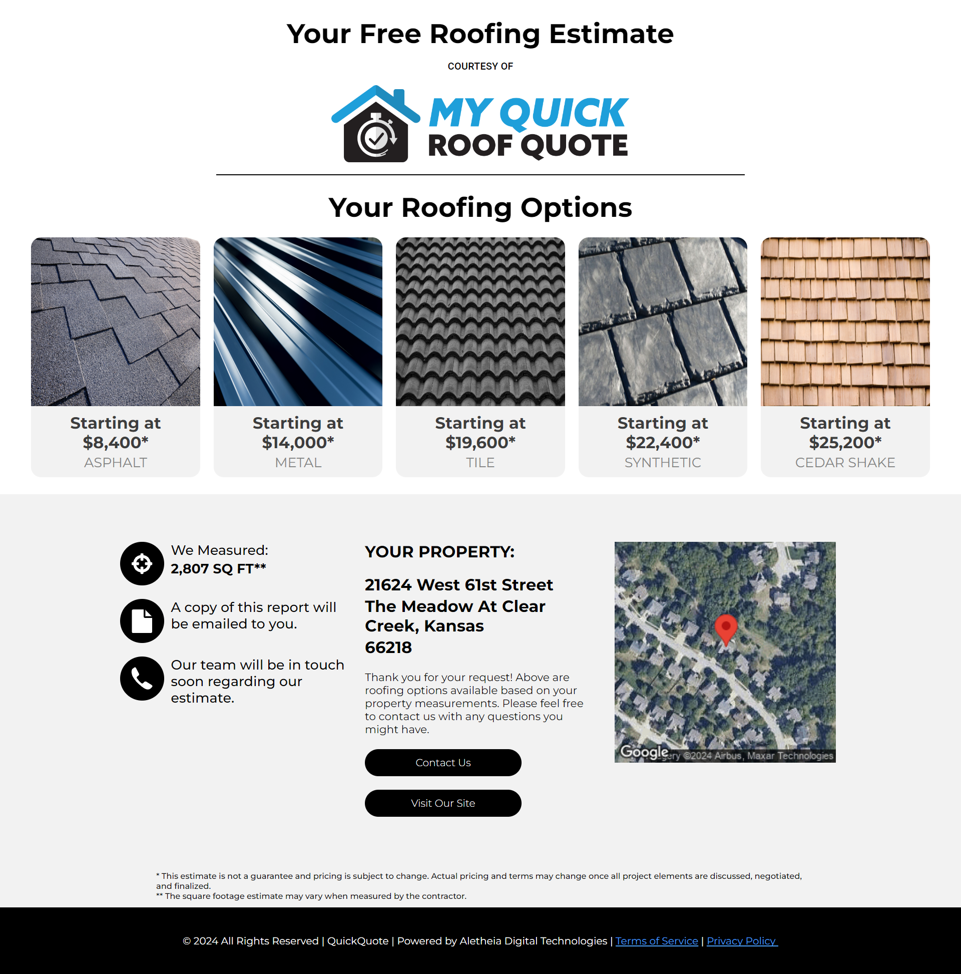 Sample Estimate Report from My Quick Roof Quote